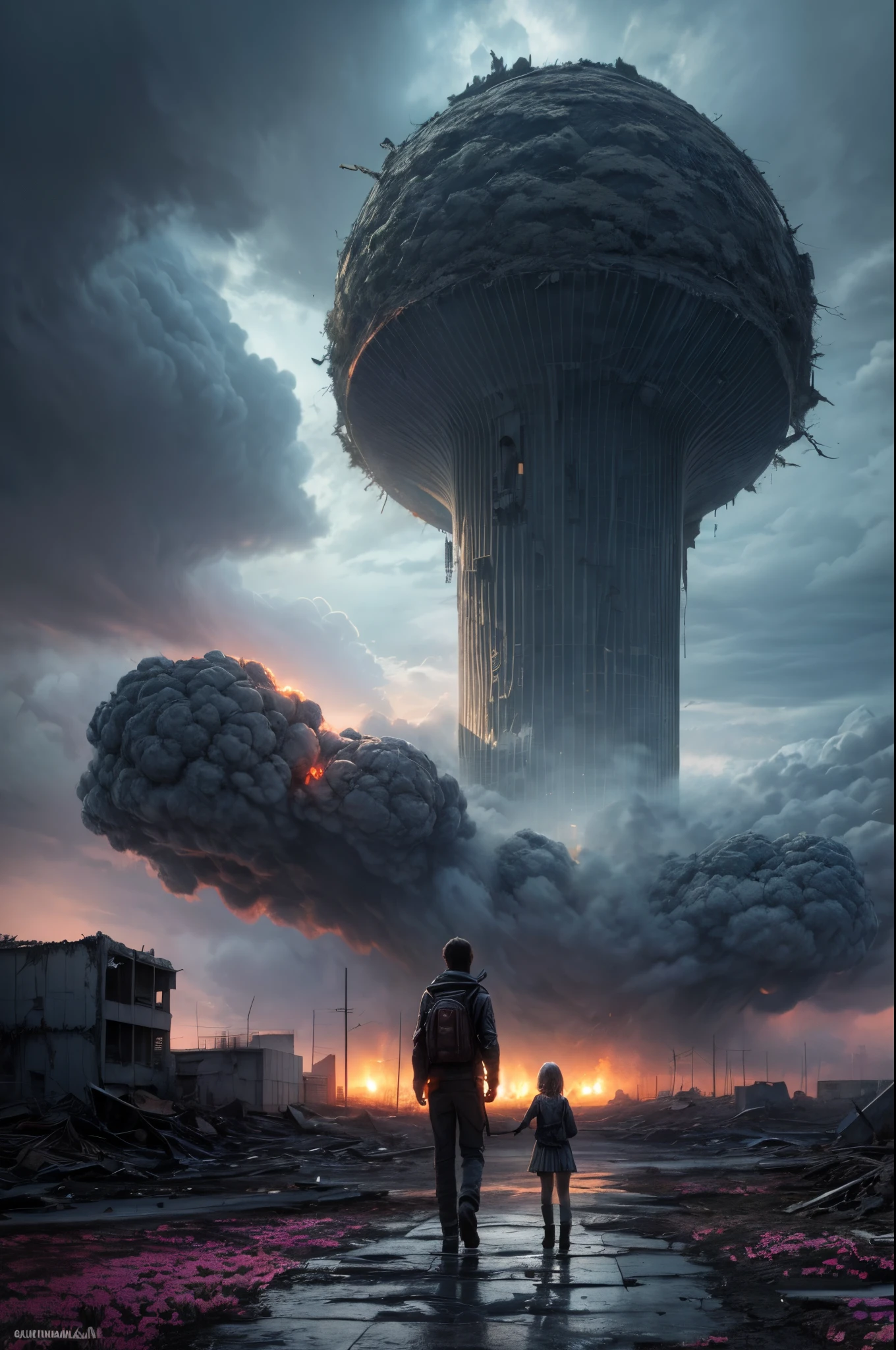 "Digital art, ((forlorn)) Boy with his Little Sister wandering through a nuclear wasteland, flowers breaking through the destruction, eerie ruins under a tumultuous sky, ((desolate beauty)), ((emotional depth)), detailed, haunting"