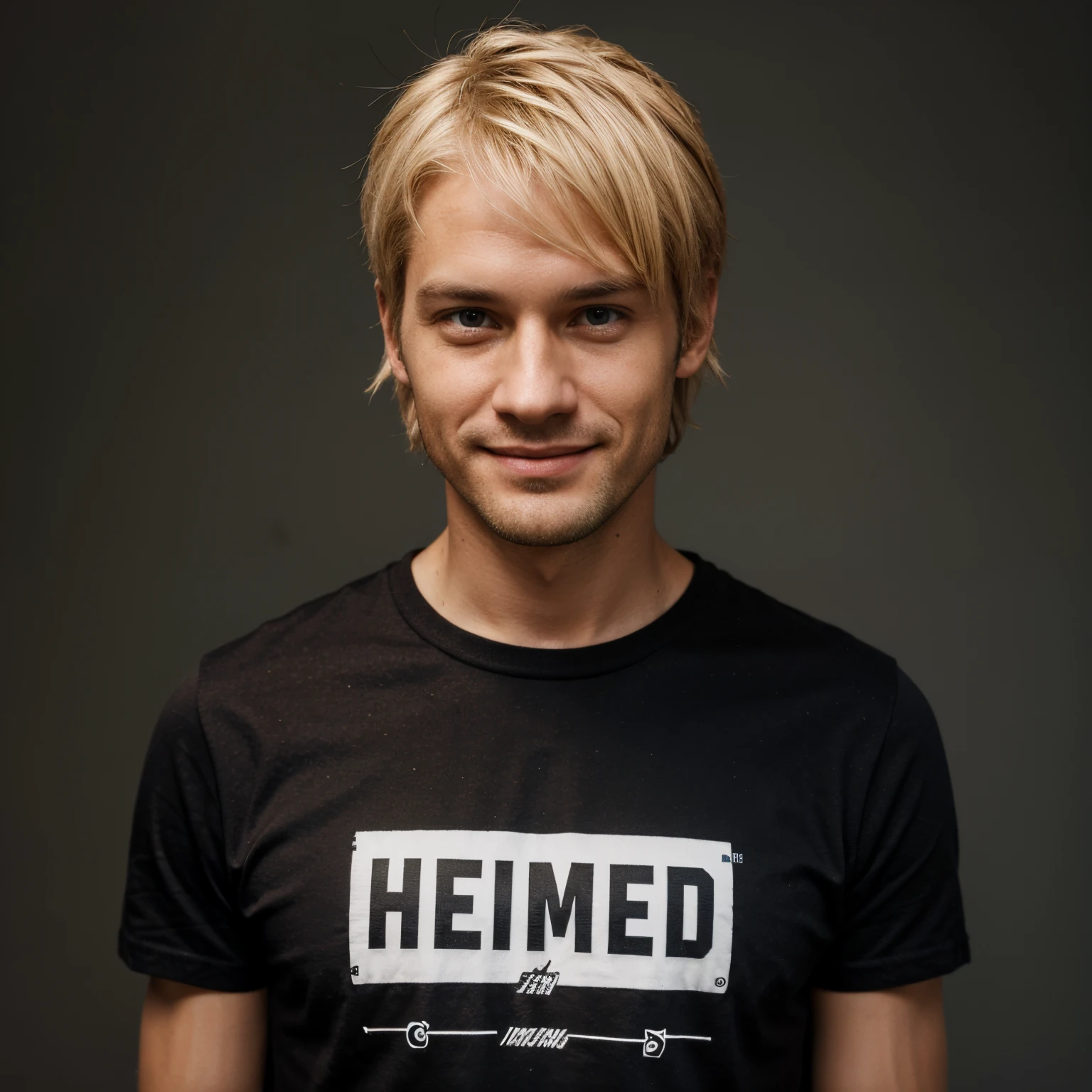 36 year old male programmer. Frisur ist hellblond, Seiten kurz rasiert, Pferdeschwanz. Nerd-tshirt, He smiles