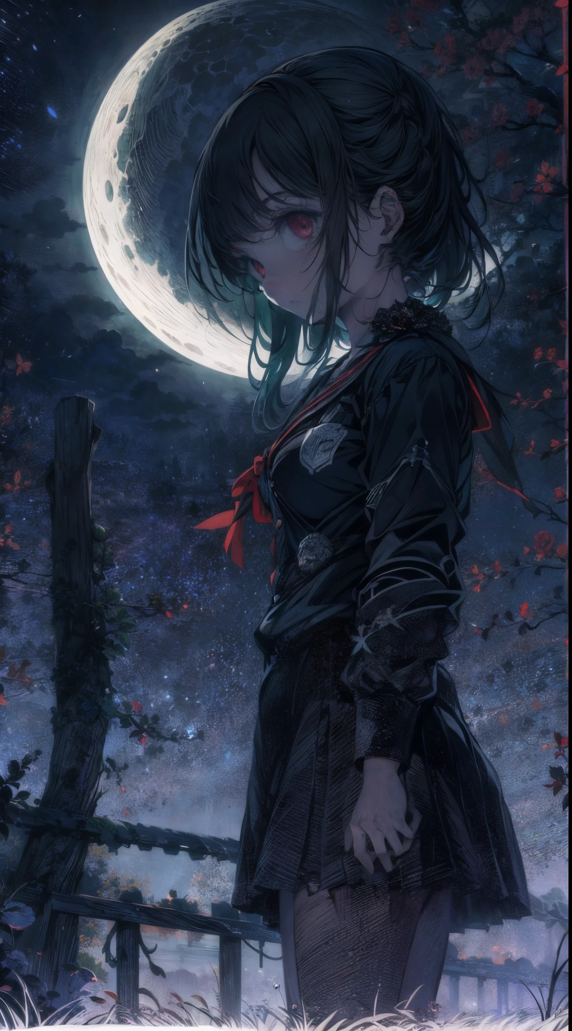 (Kyle Thompson:1.3), anime-style, girl, abandoned park, black roses, death symbol, moonlight, depth, shallow focus, cross shadow, photorealistic, contrast, synthesis, medium difference, dramatic, symbolic, eerie, night, moonlit, mysterious, dark, ethereal, haunting, surreal, atmospheric, artistic.