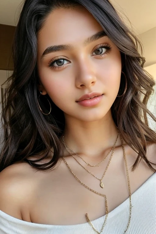 1girl in, age19, Solo, Looking at Viewer, full face ,Brown eyes, jewely,a necklace, off shoulders, black top, Realistic, A sexy american