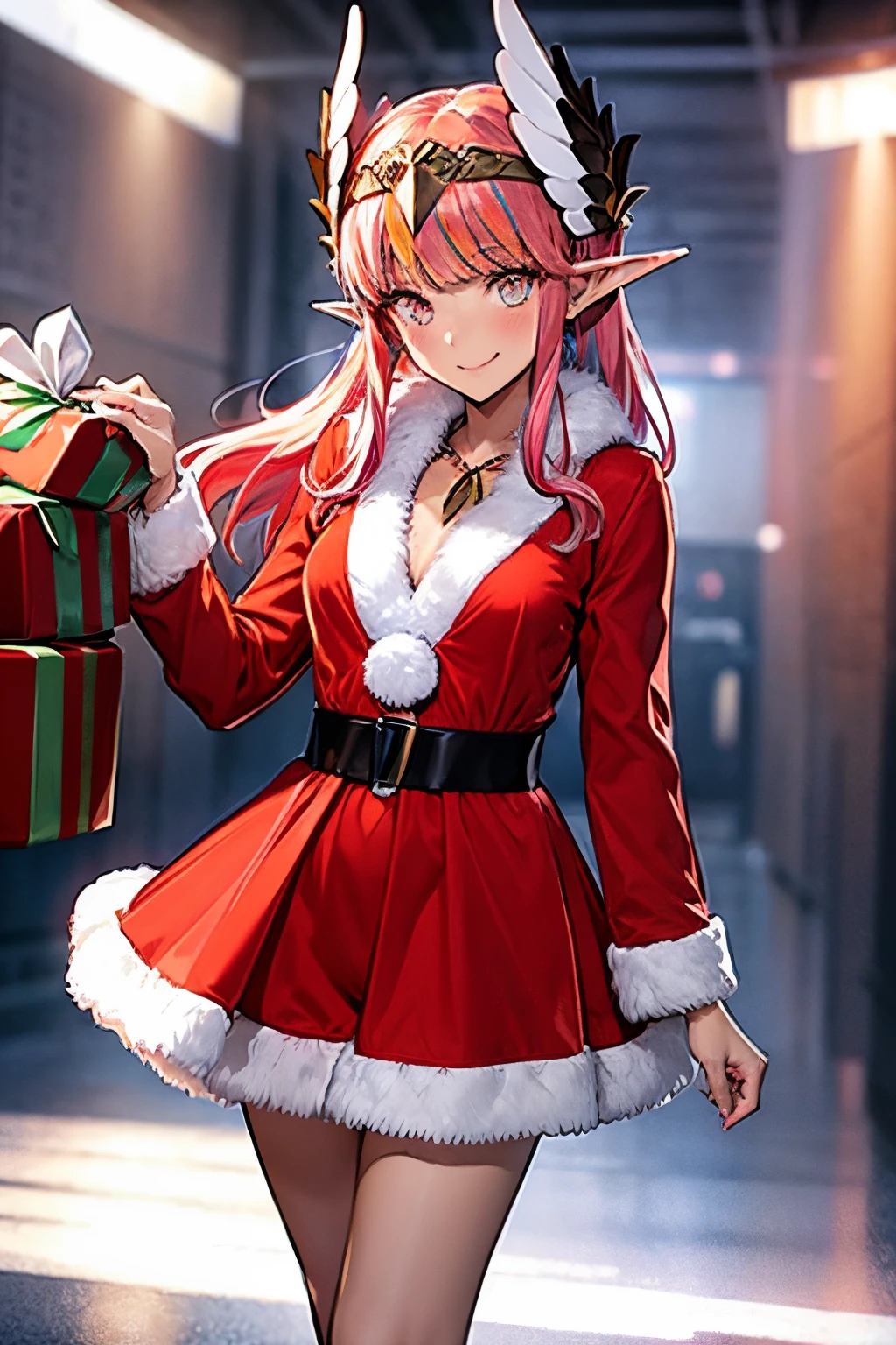 {Circe_FGO:1.15}, pointed_Ears, Pink_hair, Head_Wings, Wings, fringe, feathered_Wings, Long_hair, jewel, smile, small breasts, , blush, small_breasts, multicolored_eye, 1girl, bracelet, looking_at_viewer, , tiara,santa klaus costume, red santa claus hat, santa klaus outfits, christmas outfit, sey clothes, red christmas clothes, in the space, presents in background, best quality, master piece, Tall, alone,