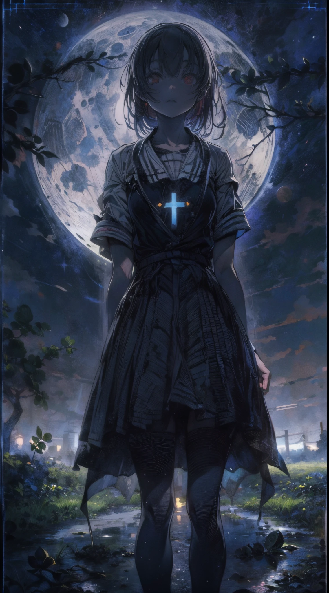 (Kyle Thompson:1.3), anime-style, girl, abandoned park, black roses, death symbol, moonlight, depth, shallow focus, cross shadow, photorealistic, contrast, synthesis, medium difference, dramatic, symbolic, eerie, night, moonlit, mysterious, dark, ethereal, haunting, surreal, atmospheric, artistic.