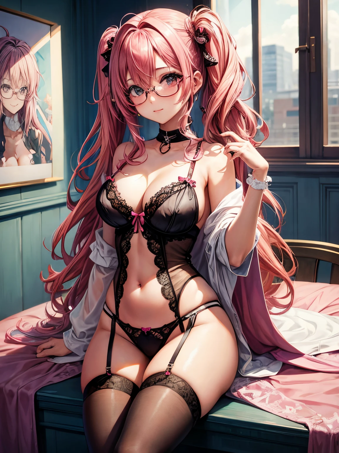 cute anime girl painting in a lingerie hot sexy glasses with pink hair