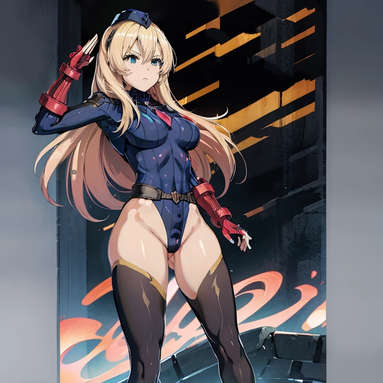 ultra-detailed, Explicit, Beautiful body, Beautiful Nose, Beautiful character design, perfect eyes, perfect face, ultra highres, 4K, beautiful legs, perfect legs, Nice hands, Perfect hand, Masterpiece, Best Quality, Highly detailed, illustration, absurdres, street fighter, doll suit, shadaloo doll, dollsuit, girls, multiple girls, expressionless, blank eyes, looking at viewer, red gloves, emotionless, black latex, corrution, mind control, female combatant, full body, hypnotized, unhappy trance, full body suit, ribbed bodysuit, both arms at side, stand up straight, obey, perfect female body, extremely glossy latex, hypnosis, hypnoLora, empty eyes, Mind control device, poses, submissive_pose, Slave, hat, necktie, stand up straight, standing, standing at attention, hat, necktie, belt, extending the right arm from the shoulder into the air with a straightened hand, nazi saluting, military, military saluting, salute, right hand saluting, left hand at side, latex, ribbed bodysuit, Blonde hair, long hair, green eyes, Celistia Ralgris, Undefeated Bahamut Chronicle