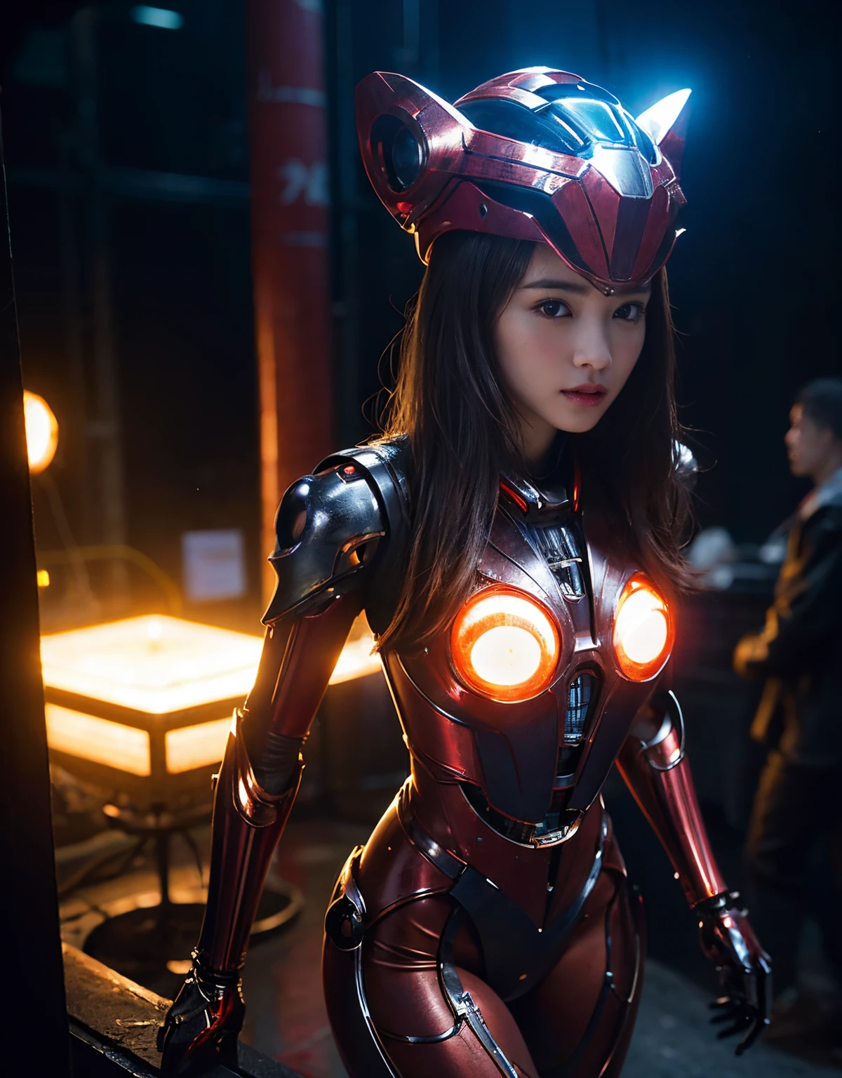 (1 Mechanical Girl)、(Mystical expression)、top-quality、masterpiece、超A high resolution、(Photorealsitic:1.4)、Raw photo、女の子1人、glowy skin、(((1 Mechanical Girl)))、(Red Metal Bodysuit)、(alien background、futuristic alien background)、(Small LED)、((super realistic details))、vertical giant monster background),globalillumination、Shadow、octan render、8K、ultrasharp、Colossal tits、Raw skin exposed in the cleavage、red metal、Details of complex ornaments、Japan details、highly intricate detail、Realistic light、(Mystical expression),CG Society Trenlow Eyes、Eyes shining towards the camera、Mechanical marginal blood vessels connected to neon detail tubes)、(Wires and cables connecting to the head)、Small LED、,Mechanical thighs、Toostock、(Hands are also made of machines.traces on the cliff)、机器人、future alien、astronaut helmet、