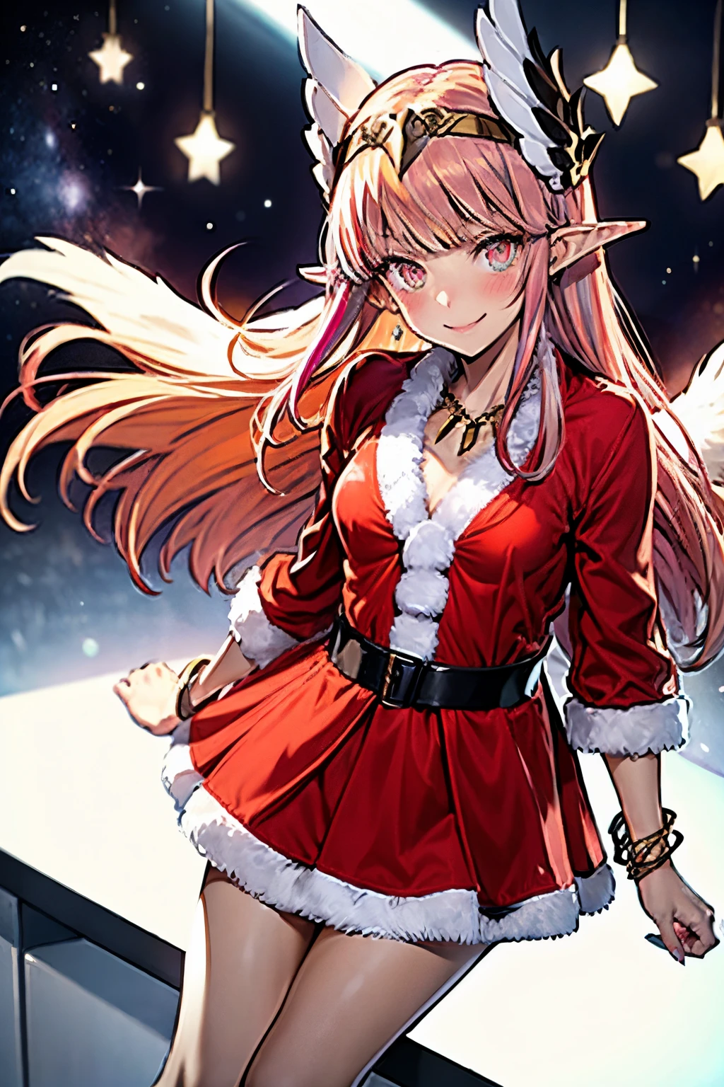 {Circe_FGO:1.15}, pointed_Ears, Pink_hair, santa hat in head, Wings, fringe, feathered_Wings, Long_hair, jewel, smile, small breasts, , blush, small_breasts, multicolored_eye, 1girl, bracelet, looking_at_viewer, , tiara,santa klaus costume, red santa claus hat, santa klaus outfits, christmas outfit, sey clothes, red christmas clothes, in the space, presents in background, best quality, master piece, Tall, alone,