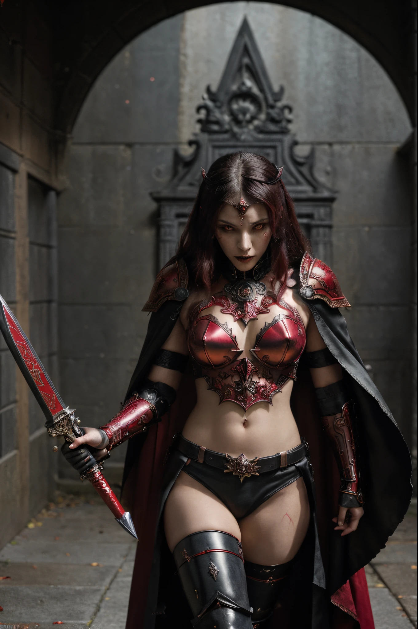 ((masterpiece)), ((best quality)), A dynamic portrait of a vampire-themed anime-inspired warrior in a red and black environment. The character is brandishing a large, ornate sword in one hand, engraved with intricate symbols, and a detailed, futuristic-looking gun in the other hand. The background is a chaotic blend of red and black with a subtle hint of a crescent moon. The warrior's attire is a mix of traditional and modern elements, with a flowing red cape and armor that has a metallic sheen, reflecting a dark, gothic influence. This is an action-packed scene, capturing the intensity and drama of a gothic anime battle.