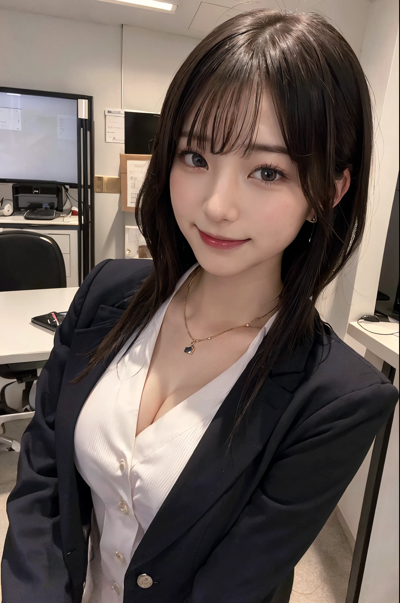 (Best Quality, 8K, 32K, masutepiece, nffsw:1.2),Photo of Pretty Japanese woman,(Detailed face:1.1),  Black Suit, Looking at Viewer,Upper body,Necklace,medium breasts,Open jacket, dress shirts,Smile,Office