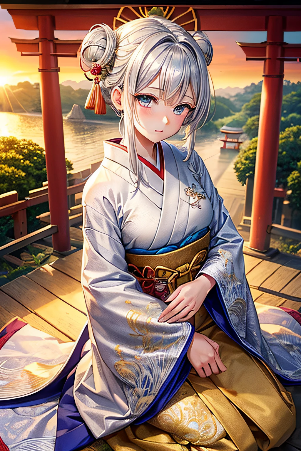 ((worst quality, low-quality)), ((girl with)), Solo, ((half updo, Silver hair)), plump shiny lips, ((Beautiful eyes):1.2), Spoken Heart, (An intricate dragon pattern is embroidered in gold.:1.3,traditional Japanese clothing:1.2), embarrassed, Standing, Looking at Viewer, Head tilt, (sunrise light, rays of the morning sun:1.4), (( The background is a torii gate in Japan)), high-angle shot, masutepiece, Best Quality, ultra-detailliert,