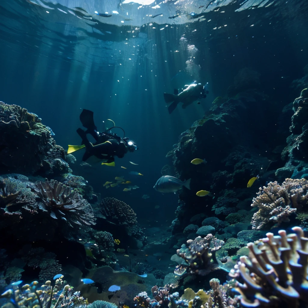 Group of Beautiful neon colour fish at reef under the see, light shining through the water, man in black diving suite swimming with fish