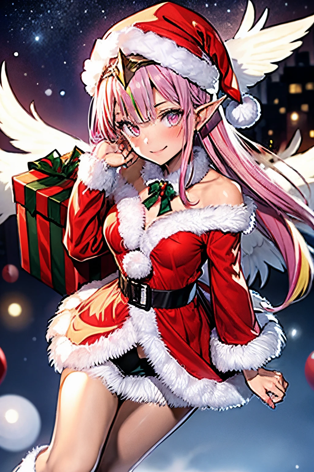 {Circe_FGO:1.15}, pointed_Ears, Pink_hair, santa hat in head, Wings, fringe, feathered_Wings, Long_hair, jewel, smile, small breasts, , blush, small_breasts, multicolored_eye, 1girl, bracelet, looking_at_viewer, , tiara,santa klaus costume, red santa claus hat, santa klaus outfits, christmas outfit, sey clothes, red christmas clothes, in the space, presents in background, best quality, master piece, Tall, alone,