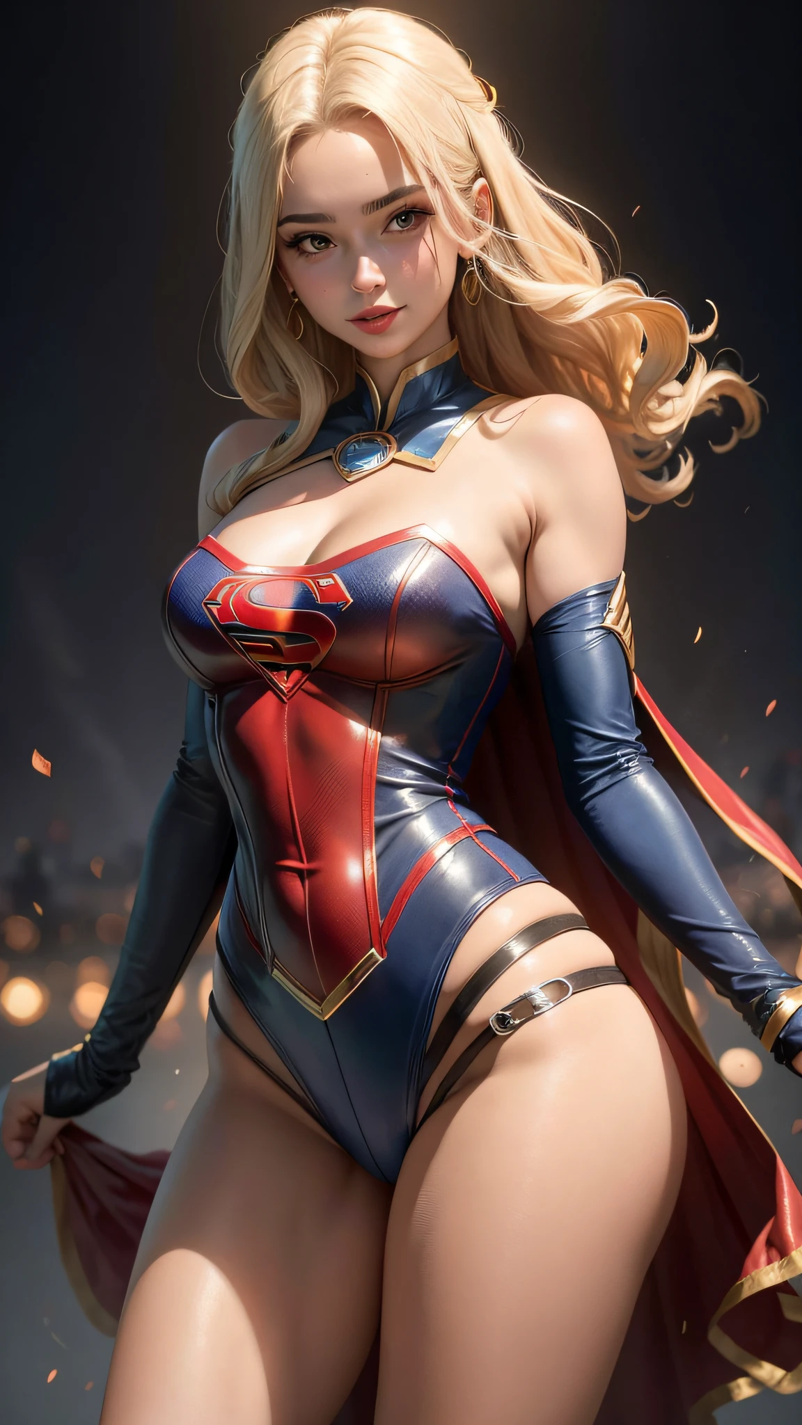 Supergirl, 18 anos, Mulher bonita cabelo loiro curto,corpo definido, seios grandes, seios grandes, seios grandes,Red lipstick,sorrindo levemente,hands free,Desfilando, vestindo Corselet azul com liga Supergirl,calcinha fio dental vermelha,7/8 meia bege transparente,sem cabo, clube de strip, dance pole,