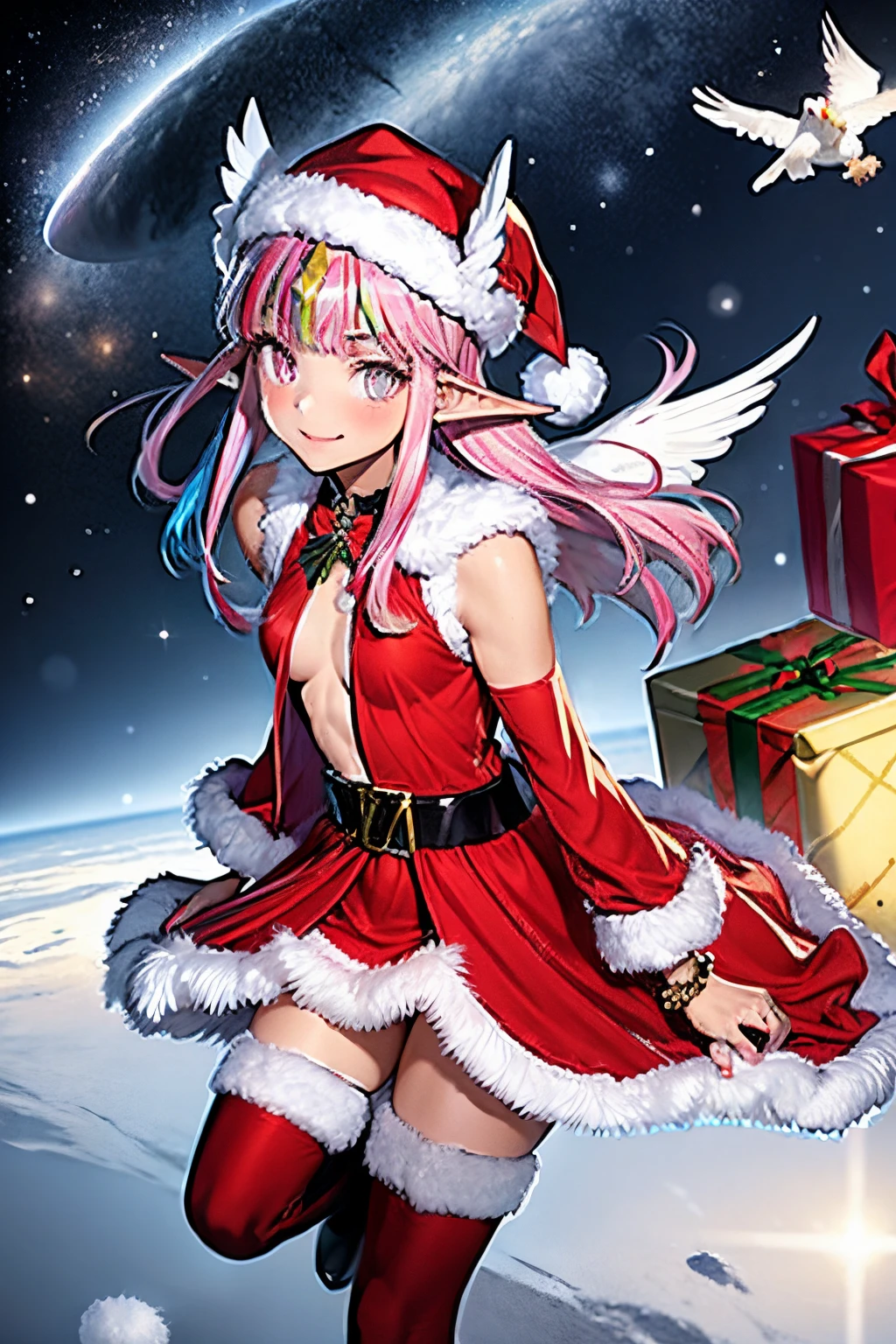 {Circe_FGO:1.15}, pointed_Ears, Pink_hair, santa hat in head, Wings, fringe, feathered_Wings, Long_hair, jewel, smile, small breasts, , blush, small_breasts, multicolored_eye, 1girl, bracelet, looking_at_viewer, , tiara,santa klaus costume, red santa claus hat, santa klaus outfits, christmas outfit, sey clothes, red christmas clothes, in the space, presents in background, best quality, master piece, Tall, alone,