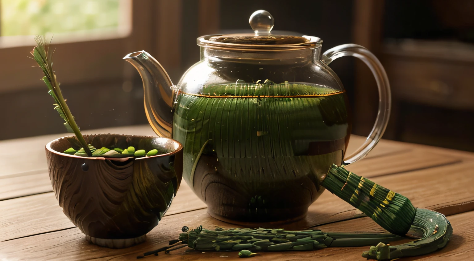 Imagem de (((Horsetail Tea))), being poured into cups by a teapot, showing some ingredients of what it is made of, I really want clarity with every possible detail in this image.