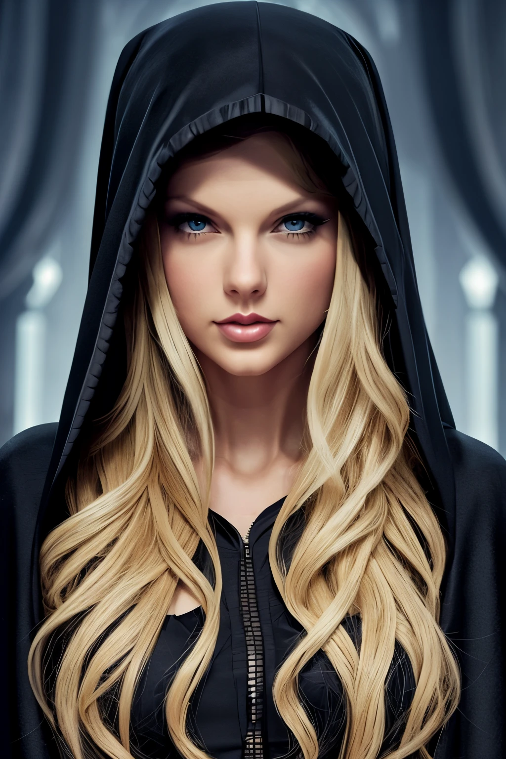 Taylor Swift, long blonde detailed curly hair, tan skin, doe eyes, athletic build, hourglass figure, Queen of Death, black robes, sexy black outfit, grim reaper, exterior graveyard, surrounded by ones and skulls, black hood, hooded figure, make it look like a fantasy novel where she is the queen of death ruling over her subjects with a serious manner, gorgeous woman, woman, creepy but attractive, unnatural aura, sexy monsters, getting fucked by the grim reaper, with the grim reaper