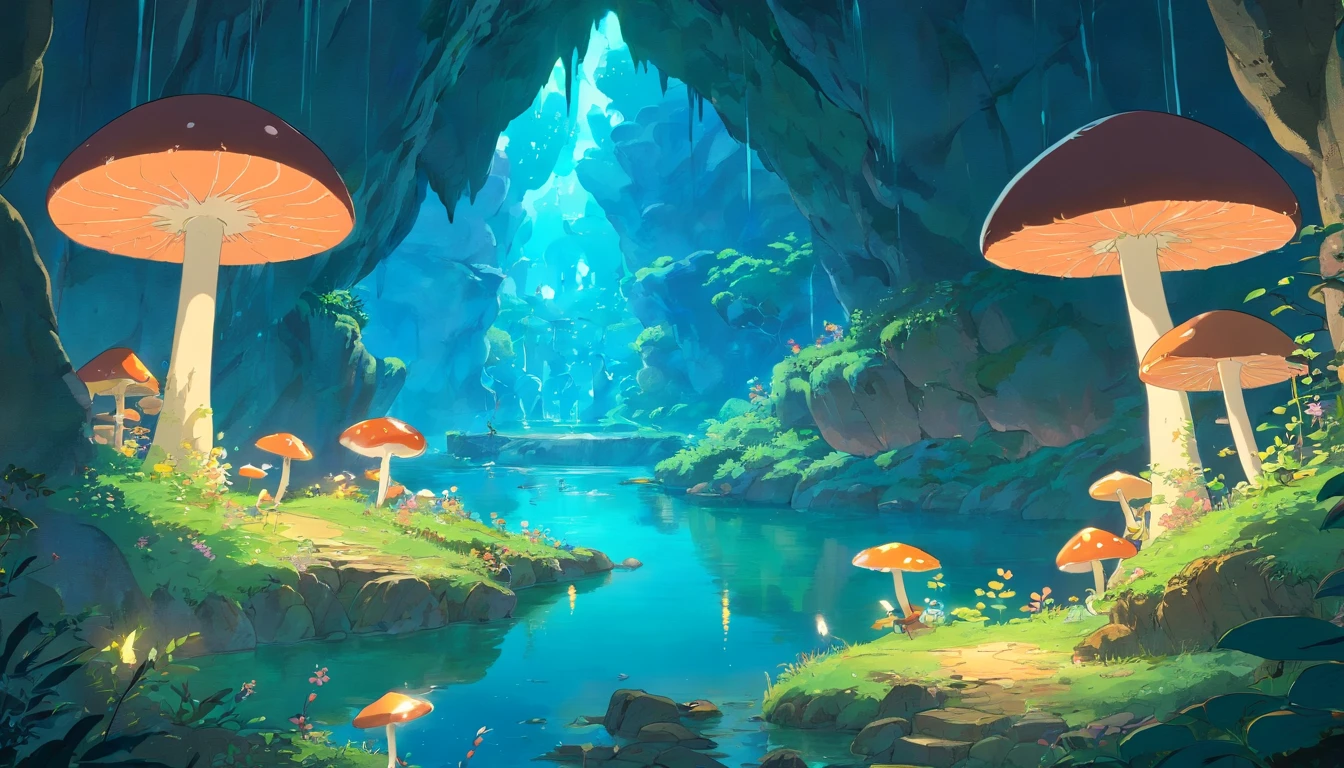 underground cave, luminous fungi, lake, cute bats, expedition