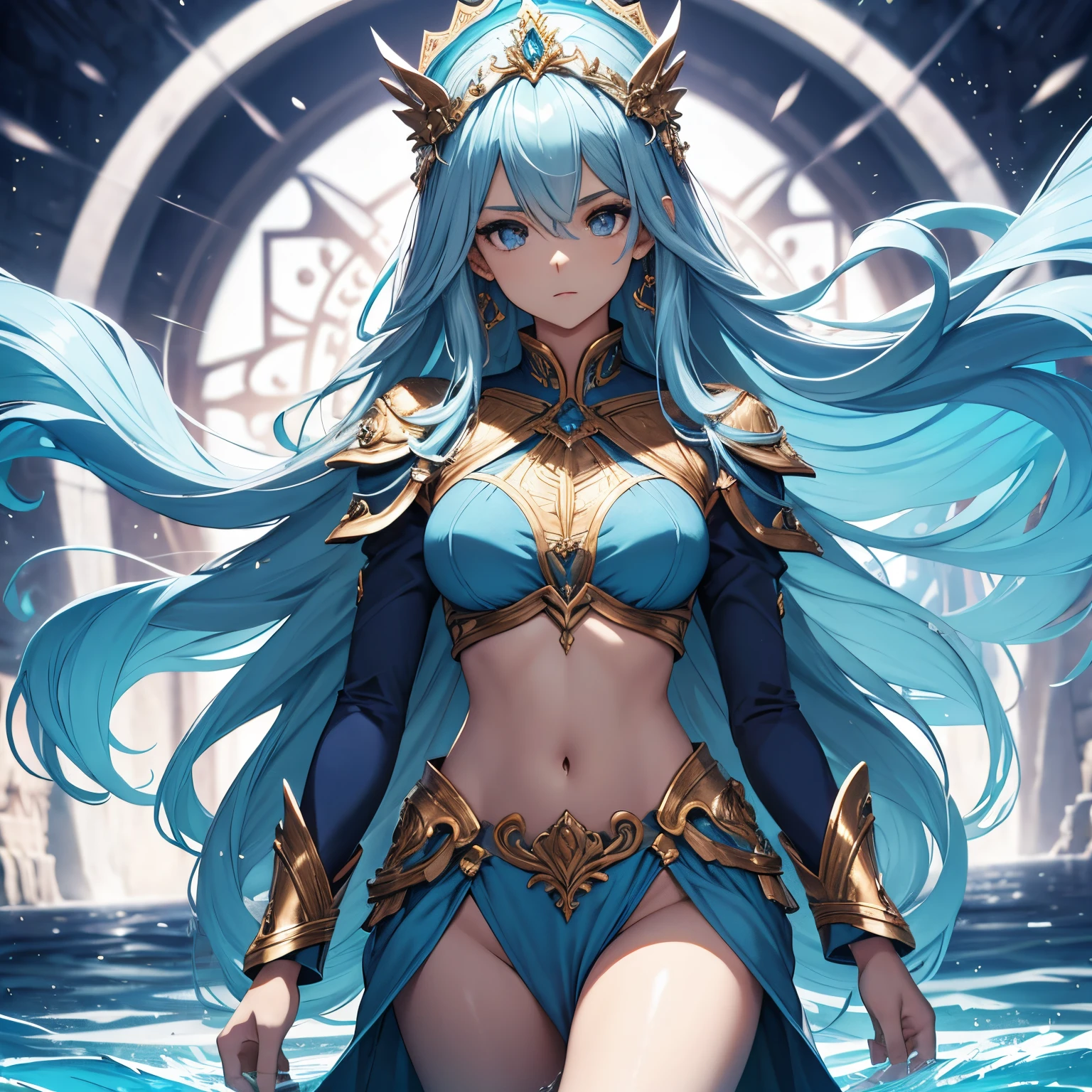 water goddess. Alta. Olhos de cor azul. Olhos detalhados. Olhar altivo. Imponente. Cabelos compridos e lisos de cor prateado comprido. De corpo todo. Alta. athletic. Seios pequenos. Roupa de luta (sem as mangas) de cor azul com detalhes na cor prata. Postura imponente. Serious. Coxas cobertas pela roupa