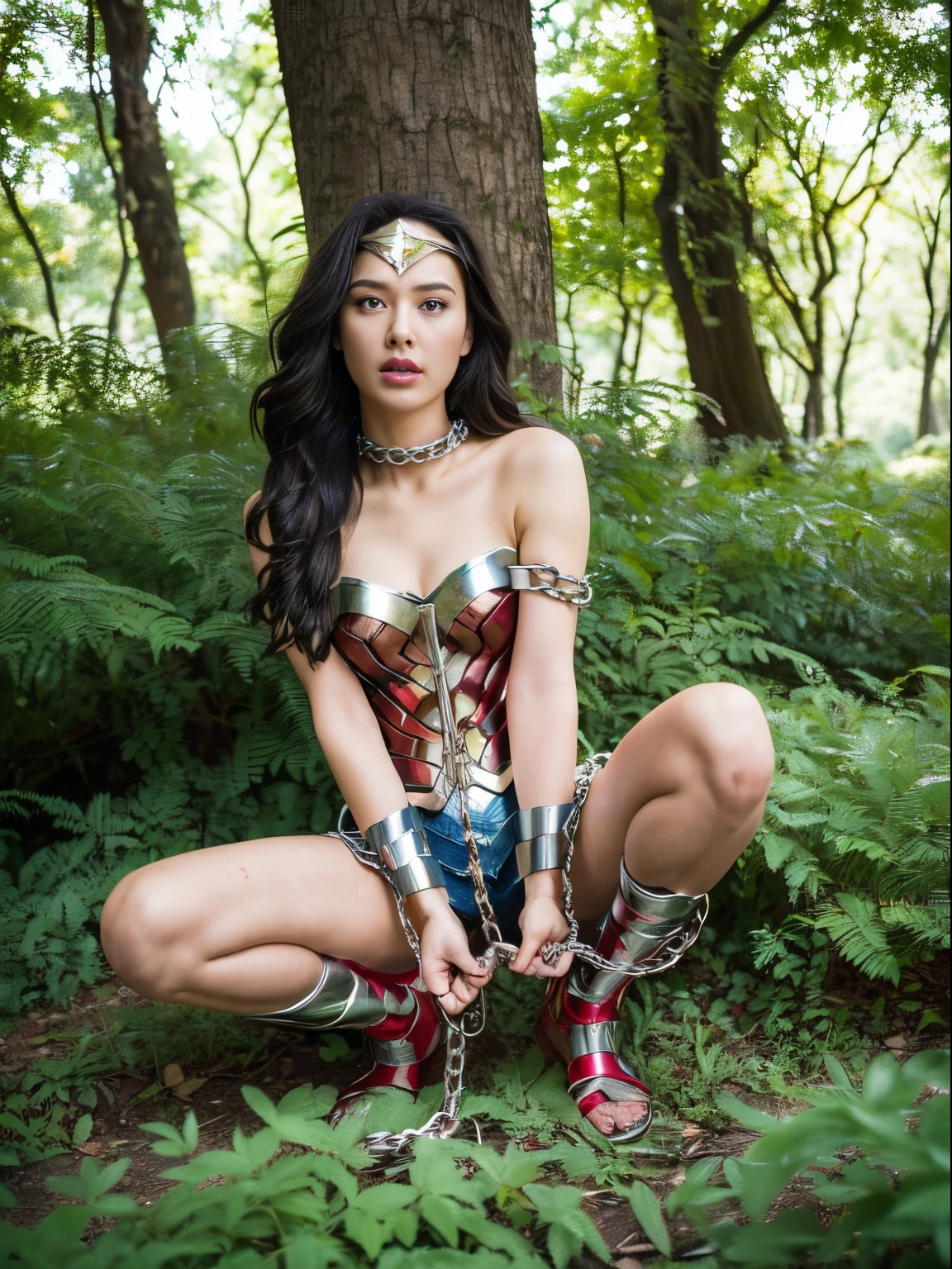 1girl, beautiful girl, wonder woman, messy long hair, straight leg, (((shackles)), ((shackles, chain leads, metal collar)), bondage, slavery, restraint, in the Forrest, tied in tree, best quality, masterpiece, ultra high res, (photorealistic:1.4), RAW photo, (no floor).