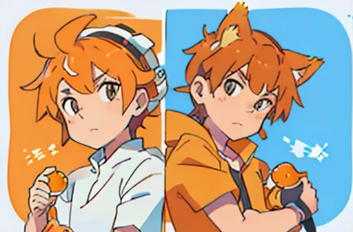 White male cat with orange ears and orange tail in the style of an electric pokemon. 2d anime style