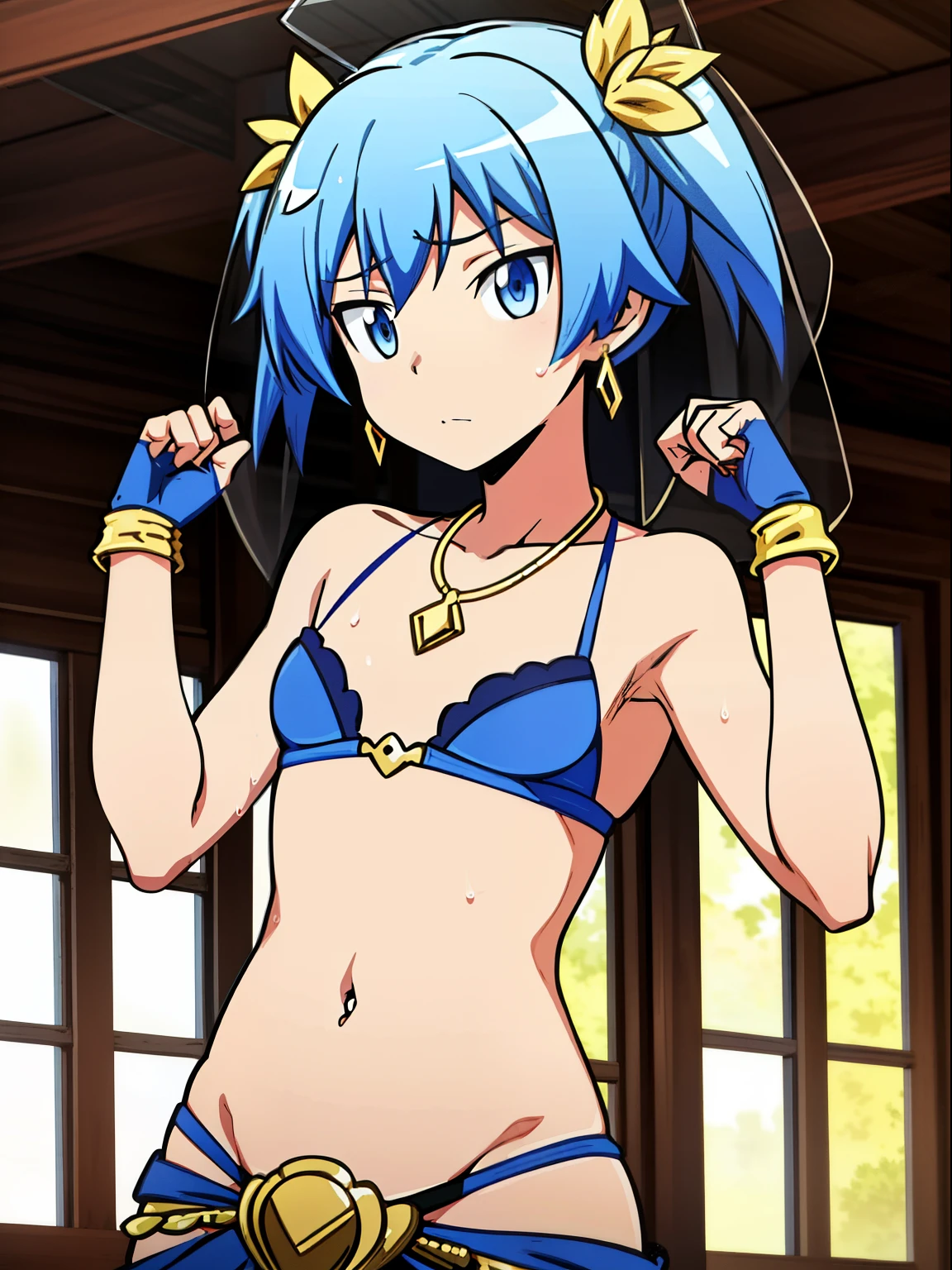 masterpiece, best quality, high quality, 1boy, solo, male focus, looking at viewer, Shiota_nagisa, Blue hair, Blue eyes, Short twintails, Shy, Sweat, Transparent veil covering the head, Transparent veil covering the mouth, Transparent veil covering the waist, Gold necklace, Gold earrings, Navel piercing, Gloves, Bra, Desert, Belly dancer, night day