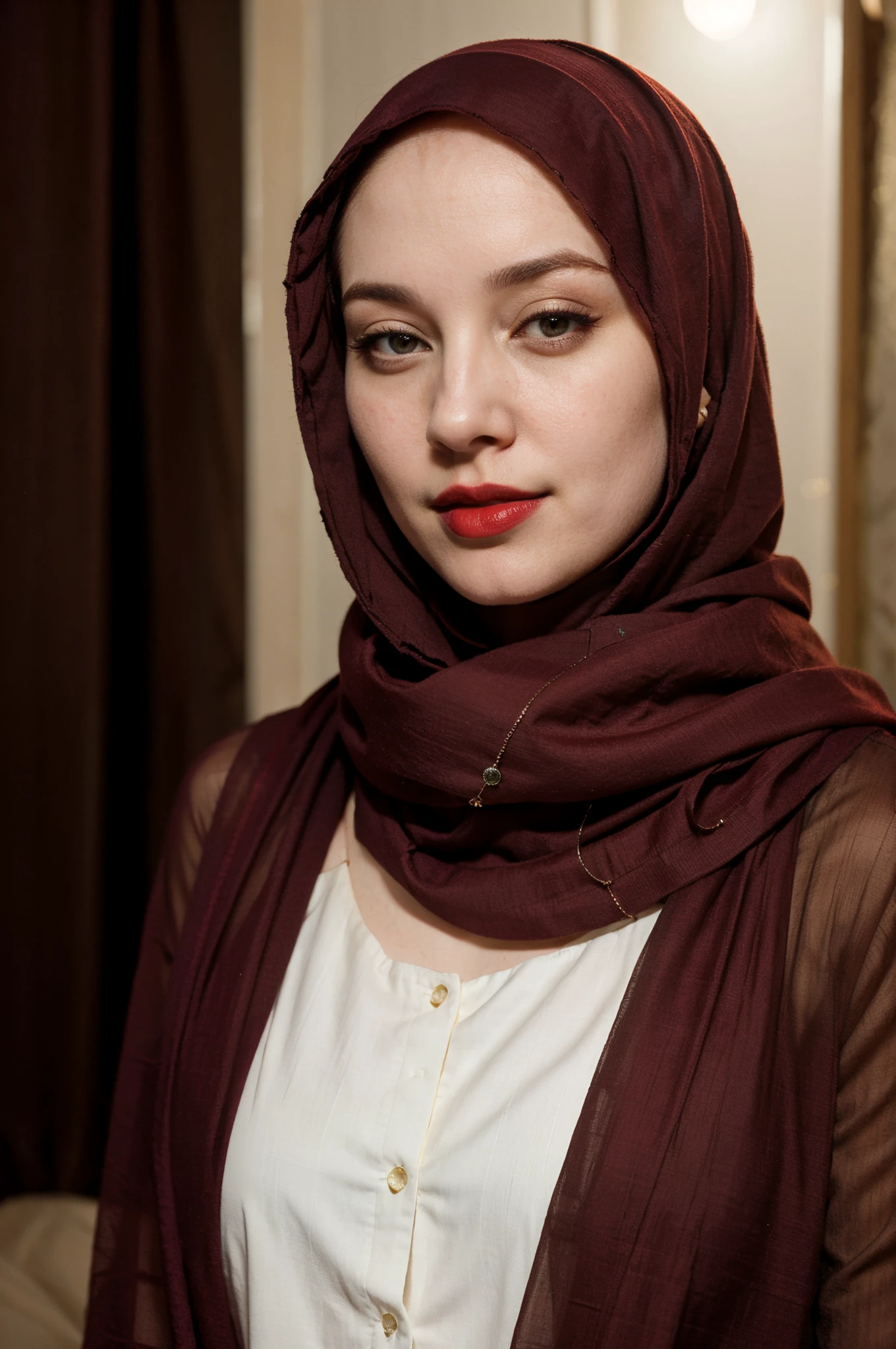night photo, photo of 42 y.o beautiful woman, pale skin, hijab, red lipstick, shy looks