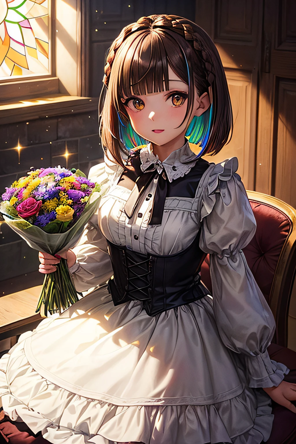((worst quality, low-quality)), ((girl with)), (Gothic lolita), ((Brown hair bob cut,Braids on the sides):1.3),  plump shiny lips, Beautiful brown eyes, Spoken Heart, Leaning forward, (((Combining beautiful colorful flowers into one))), Confetti, (Stained glass window background), ((Shining sunlight)), (light Particle, light glow, llight rays:1.4), masutepiece,Best Quality,ultra-detailliert,