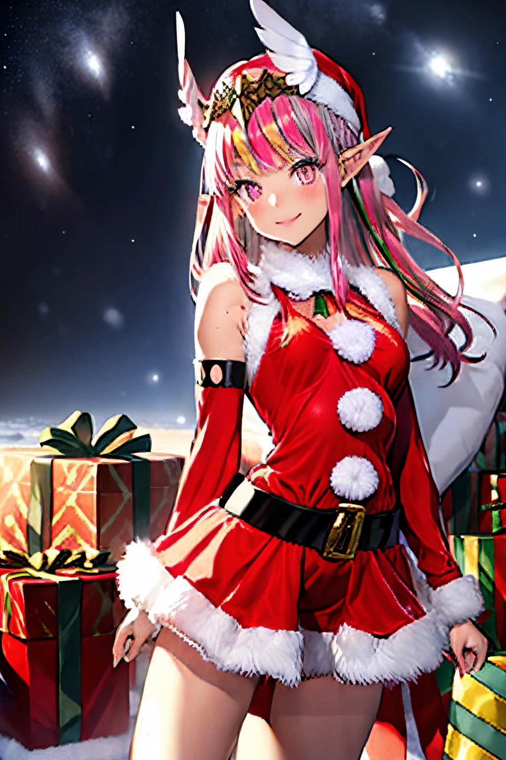 {Circe_FGO:1.15}, pointed_Ears, Pink_hair, santa hat in head, Wings, fringe, feathered_Wings, Long_hair, jewel, smile, small breasts, , blush, small_breasts, multicolored_eye, 1girl, bracelet, looking_at_viewer, , tiara,santa klaus costume, red santa claus hat, santa klaus outfits, christmas outfit, sey clothes, red christmas clothes, in the space, presents in background, best quality, master piece, Tall, alone,