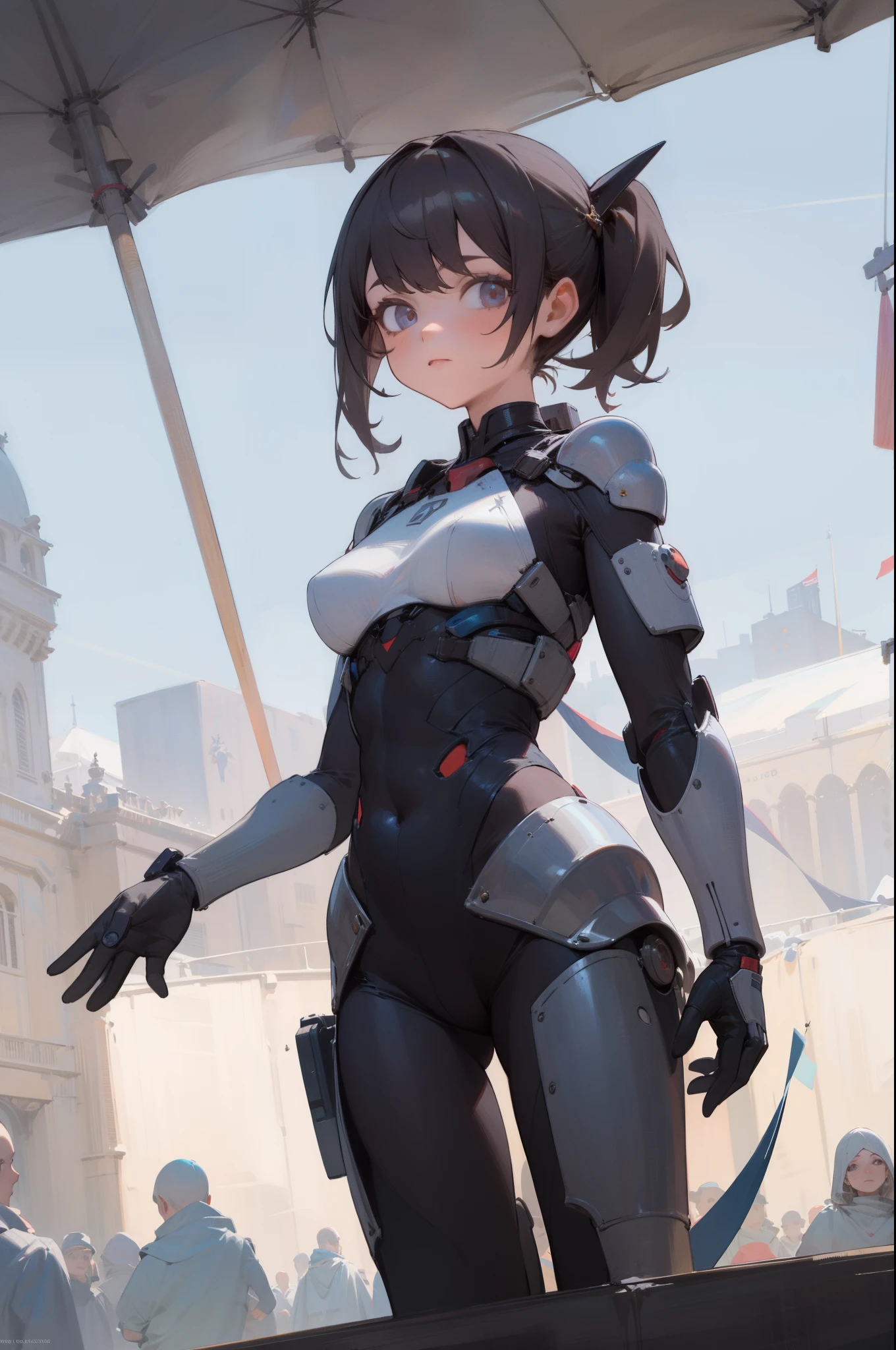 medieval european, Medieval Sci-Fi Fusion, 1girl, looking at viewer, crowd, masterpiece, best quality, 8k, perfect anatomy