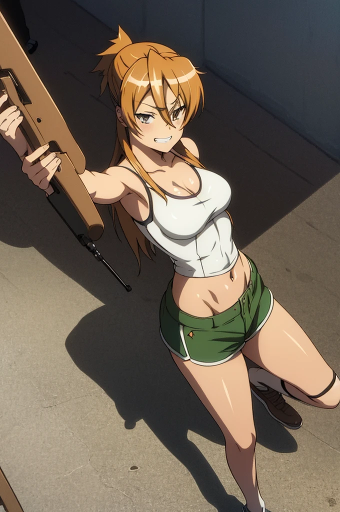 Anime, Highschool of the Dead, ((Artist: Shoji Sato)), ((From above)), 1girl, ((Rei Miyamoto_(Highschool_of_the_Dead))), (waist length orange-brown hair tied in ponytail), looking at viewer, ((flirty grin)), sleeveless black crop top, ripped denim booty shorts, (large breasts), small cleavage, sitting on a ledge, rooftops, carrying a scoped military rifle, modern city background, day time