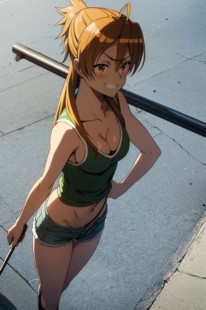 Anime, Highschool of the Dead, ((Artist: Shoji Sato)), ((From above)), 1girl, ((Rei Miyamoto_(Highschool_of_the_Dead))), (waist length orange-brown hair tied in ponytail), looking at viewer, ((flirty grin)), sleeveless black crop top, ripped denim booty shorts, (large breasts), small cleavage, sitting on a ledge, rooftops, carrying a scoped military rifle, modern city background, day time