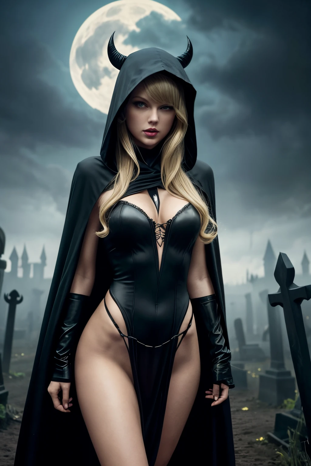 Taylor Swift, long blonde detailed curly hair, tan skin, doe eyes, athletic build, hourglass figure, Queen of Death, black robes, sexy black outfit, grim reaper, exterior graveyard, surrounded by ones and skulls, black hood, hooded figure, make it look like a fantasy novel where she is the queen of death ruling over her subjects with a serious manner, gorgeous woman, woman, creepy but attractive, unnatural aura, sexy monsters, getting fucked by the grim reaper, with the grim reaper, blonde woman being fucked by a monster, monster sex, monster rape