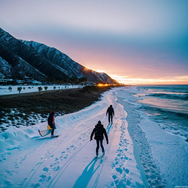 Snow in Malibu, California don’t include the oceans only landscapes. Make Pacific Coast Highway covered in ice. Include two surfers in the background with their boards on dry land