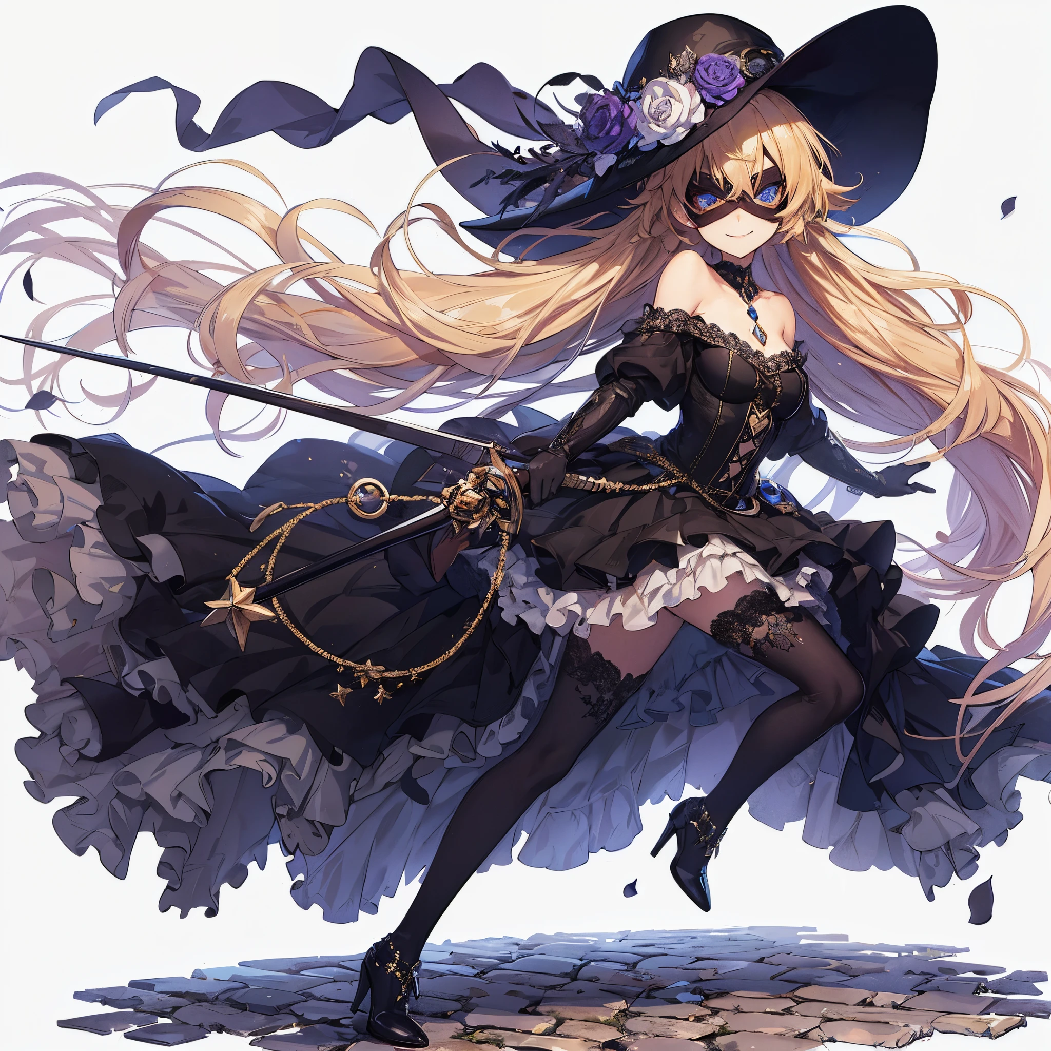 (masutepiece, of the highest quality), (Perfect athlete body: 1.2), (detailed hairs), Ultra-detailed, Anime style, full length, Solo, fantasy thief girl, Blonde, sapphire eyes, gorgeous hat and gorgeous black dress, clutching rapier, La Seine Star, Mask to cover the eyes, standing on the cobblestones, Long boots with high heels, 8K High Resolution, White background, full length, Victorious smile