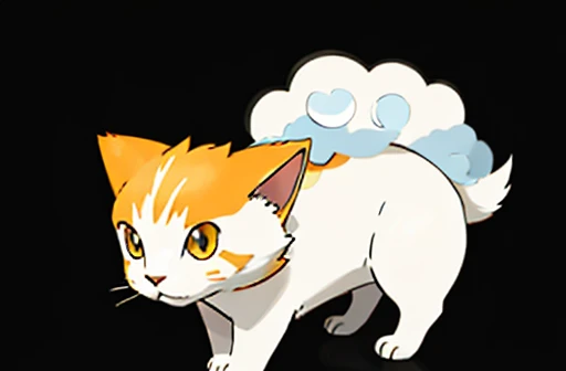 white cat. orange ears. orange fluffy tail. electric type pokemon