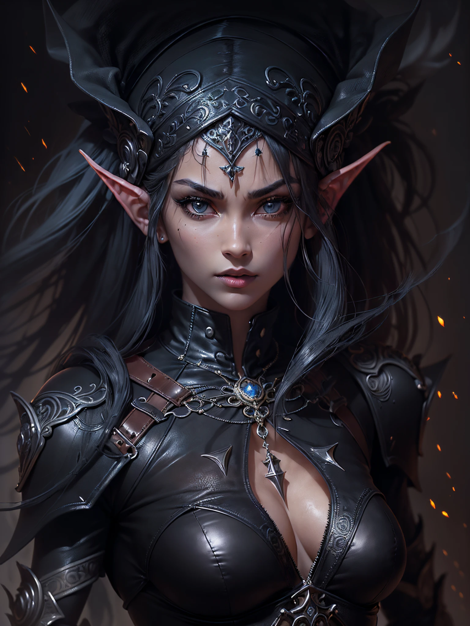 ((Finest quality)),(超A high resolution),(ultra-detailliert),(Meticulous portrayal),((Best Anime)),(Finest works of art),(Ultra-Precision Art),(The art of astounding depiction,Overwhelming depiction:1.5),(intricate and detailed art:1.6), (1 female dark elf:1.5),(matte black leather leotard:1.6),small tits:1.8, spirits surrounding her:1.5