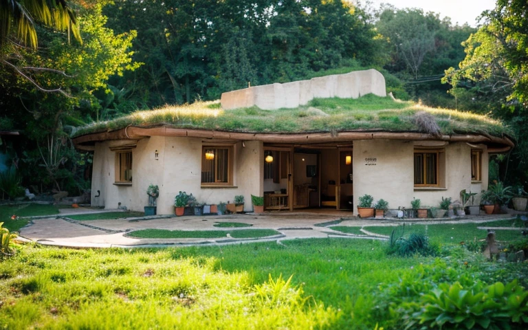 A photograph of a symmetrical contemporary round house with buttress wall, ((stone foundation wall)), in a tropical backyard, mustard yellow terracota plaster walls (((rustic clay stucco))), ((corner walls rounded)), (((higth walls))) ((rustic clay plaster)), (((terracotta walls with rounded corners, organic curves and squared))), (((rustic earth plaster, mud))), (((green roof with wooden edge))), (((wooden roof structure, wooden rake, wooden fascia board))), eaves, ((roof with wooden structure)), In Bahia (((tropical garden))), ((natural houses, organic buildings, organic architecture)), ecovillage, sustainable architecture, bioconstruction architecture, solarpunk architecture, (((grass roof, green roof, green wave roof, rounded roof, vegetated roofs))), (((rock base foundation wall, foundation height 30cm, stone base wall 30cm high))), ((green architecture)), passive house, clear sky in the background, painful beauty, modern, imposing, green house, ((Bali hobbit Hadid Style)), super resolution, cinematic, color grading, editorial photography, photography, photo shoot, (((dramatic front eye top angle view))), O 50mm, depth of field, intricate details, natural colors, sharp focus, warm light, shutter speed 1/1000, F/22, White Balance, Ray Trace Reflections, Lumen Reflections, Screen Space Reflections, Diffraction Rating, Chromatic Aberration, GB Shift, Partial Lighting, Backlighting, Daylighting, Scan Lines, ambient occlusion, antialiasing, shaders, OpenGL-Shaders, GLSL-Shaders, Post-processing, post-production, shading, tone mapping, incredibly detailed and complex, hypermaximalist, elegant, hyperrealistic, super detailed, dynamic pose, Fujifilm XT