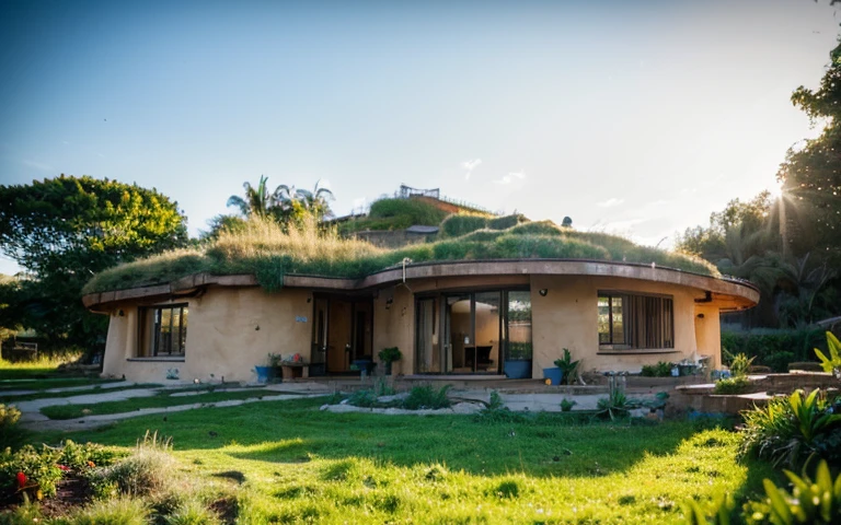 A photograph of a symmetrical contemporary round house with buttress wall, ((stone foundation wall)), in a tropical backyard, mustard yellow terracota plaster walls (((rustic clay stucco))), ((corner walls rounded)), (((higth walls))) ((rustic clay plaster)), (((terracotta walls with rounded corners, organic curves and squared))), (((rustic earth plaster, mud))), (((green roof with wooden edge))), (((wooden roof structure, wooden rake, wooden fascia board))), eaves, ((roof with wooden structure)), In Bahia (((tropical garden))), ((natural houses, organic buildings, organic architecture)), ecovillage, sustainable architecture, bioconstruction architecture, solarpunk architecture, (((grass roof, green roof, green wave roof, rounded roof, vegetated roofs))), (((rock base foundation wall, foundation height 30cm, stone base wall 30cm high))), ((green architecture)), passive house, clear sky in the background, painful beauty, modern, imposing, green house, ((Bali hobbit Hadid Style)), super resolution, cinematic, color grading, editorial photography, photography, photo shoot, (((dramatic front eye top angle view))), O 50mm, depth of field, intricate details, natural colors, sharp focus, warm light, shutter speed 1/1000, F/22, White Balance, Ray Trace Reflections, Lumen Reflections, Screen Space Reflections, Diffraction Rating, Chromatic Aberration, GB Shift, Partial Lighting, Backlighting, Daylighting, Scan Lines, ambient occlusion, antialiasing, shaders, OpenGL-Shaders, GLSL-Shaders, Post-processing, post-production, shading, tone mapping, incredibly detailed and complex, hypermaximalist, elegant, hyperrealistic, super detailed, dynamic pose, Fujifilm XT