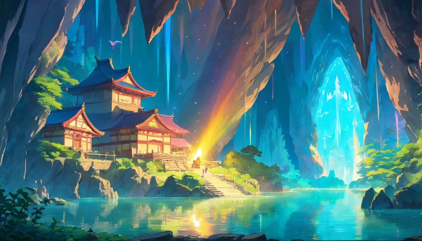 underground cave, luminous rainbow crystals, lake, cute bat, ((expedition)), (sleeping dragon), a temple, torches