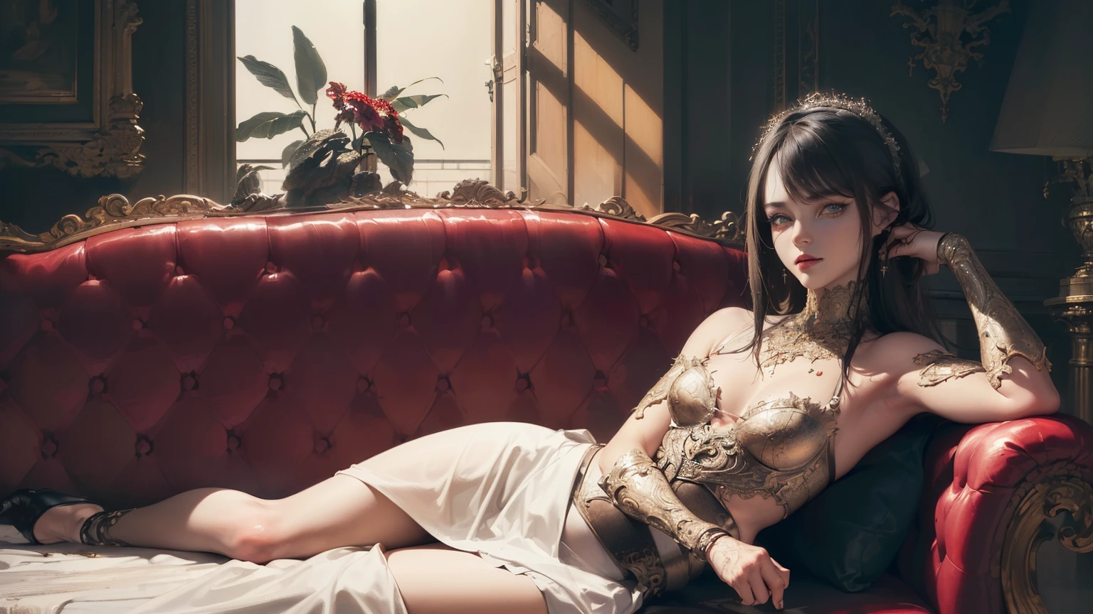 (Realstic : 1.3), (intricate high detail : 1.15), peinture \ (Work of'art \), ((chef-d'work, beste-Qualit)), ((cinematic light)), satan, hybride, effrayant, dark fantasy \ (style \), Detailed armor, beautiful detailed eyes, lying on a sofa