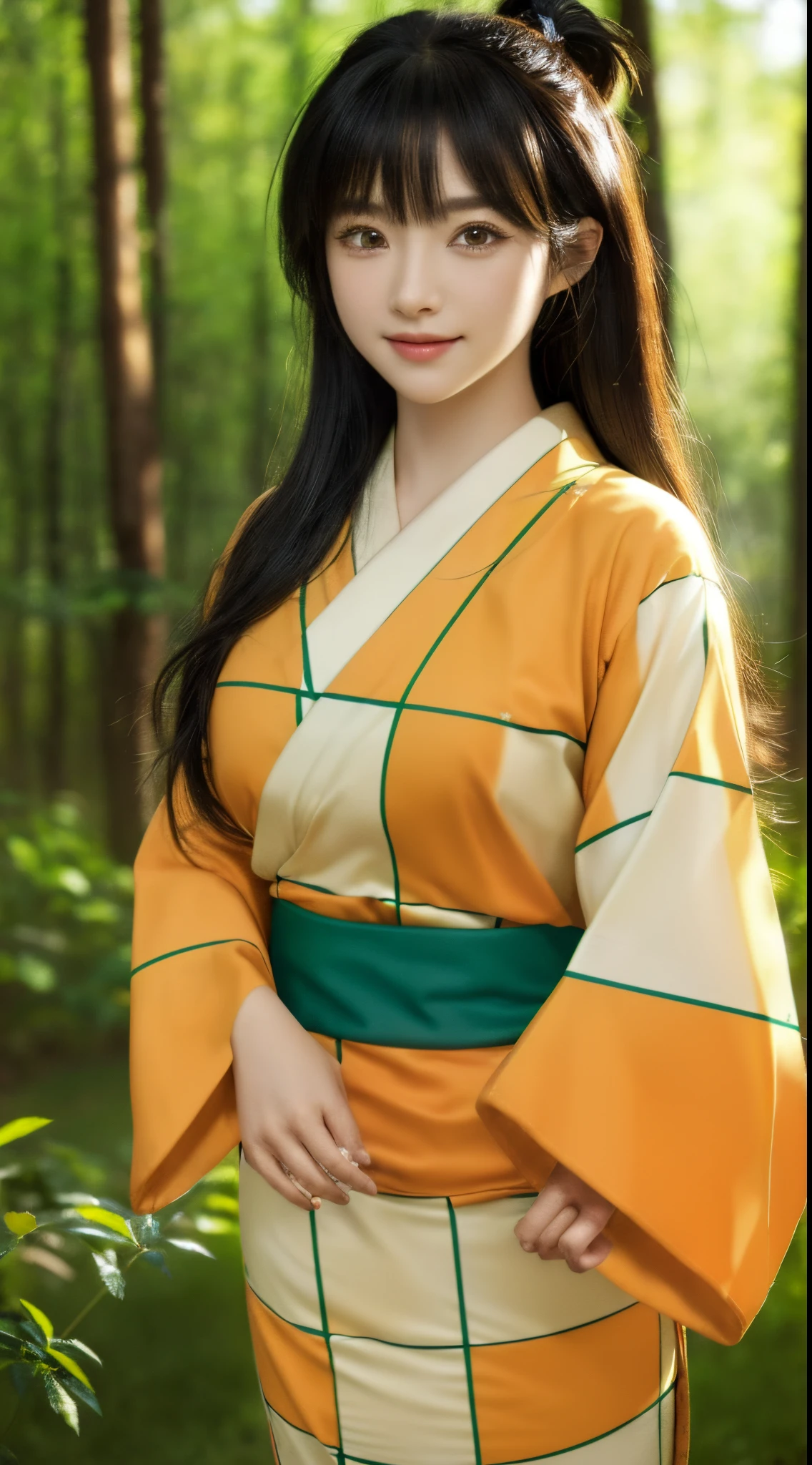 (masterpiece, best quality, extremely detailed CG, beautiful detailed eyes, ultra-detailed, intricate details:1.2), 8k wallpaper, elaborate features, glistening shiny, glowing light, ray tracing, HDR, deph of field, (perfect face, detailed face, detailed eyes), beautiful lips, 8k, HD, perfect lighting, glowing eyes, ((looking at viewer)), ((beautiful detailed eyelashes)),cowboy shot, standing,  solo:1.4, smile, (( outdoors)), female child,
1girl, RinIY, rin (inuyasha), petite girl, brown eyes, black hair, long hair, spiked bangs, spiked hair, layered hair, japanese clothes, orange kimono, checkered kimono, long sleeves, wide sleeves, green obi, (one side up),