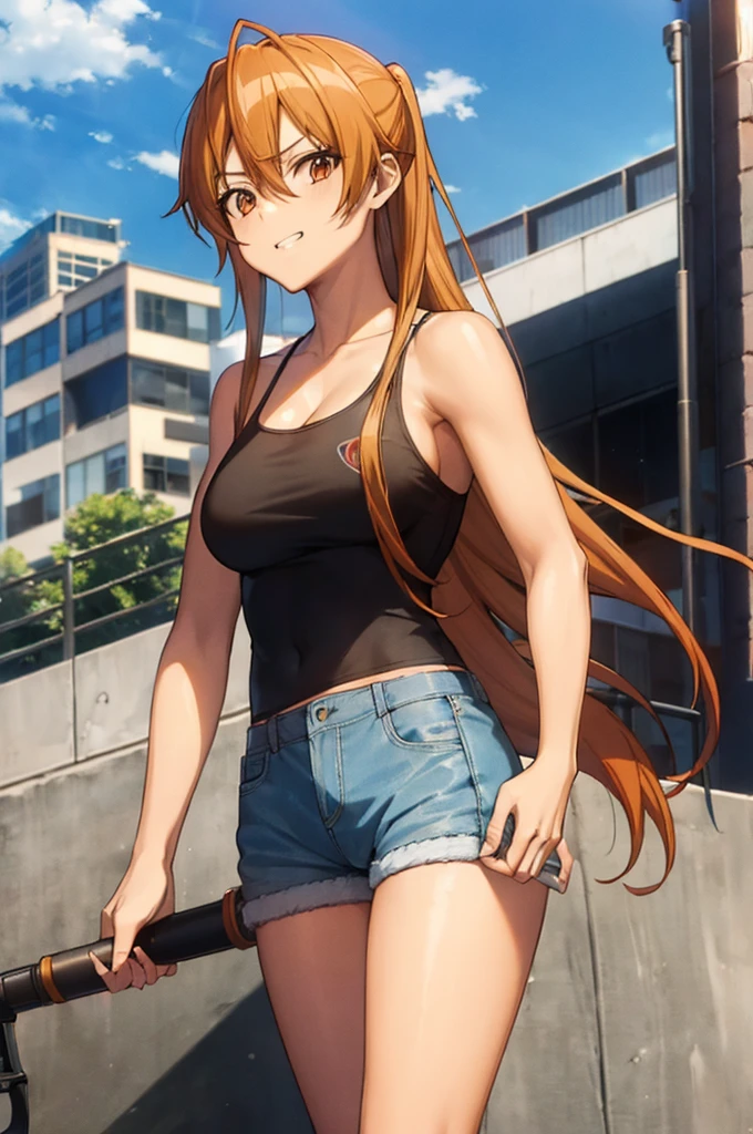 Anime, Highschool of the Dead, ((Artist: Shoji Sato)), ((From above)), 1girl, ((Rei Miyamoto_(Highschool_of_the_Dead))), (waist length orange-brown hair tied in ponytail), brown eyes, (looking at viewer), ((flirty grin)), sleeveless black crop top, ripped denim booty shorts, (large breasts), small cleavage, sitting on a ledge, rooftops, carrying a scoped military rifle, modern city background, day time