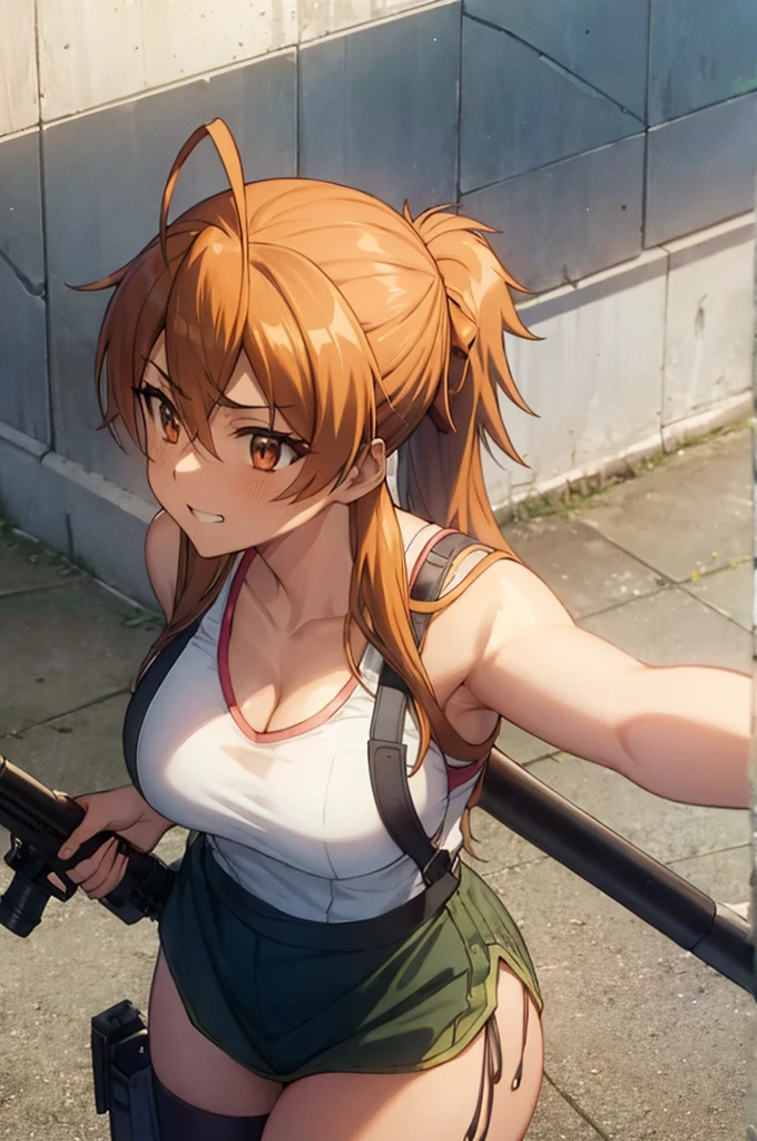 Anime, Highschool of the Dead, ((Artist: Shoji Sato)), ((From above)), 1girl, ((Rei Miyamoto_(Highschool_of_the_Dead))), (waist length orange-brown hair tied in ponytail), brown eyes, (looking at viewer), ((flirty grin)), sleeveless black crop top, ripped denim booty shorts, (large breasts), small cleavage, sitting on a ledge, rooftops, carrying a scoped military rifle, modern city background, day time