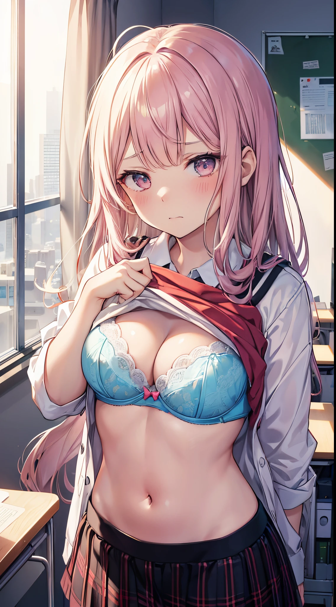 1girl in, masutepiece, Better Quality, girl, look at viewr, ((She lifted her shirt)), In the office, Show your bra, Light from above,  ((looking disgusted)), School, Indoors, crass room