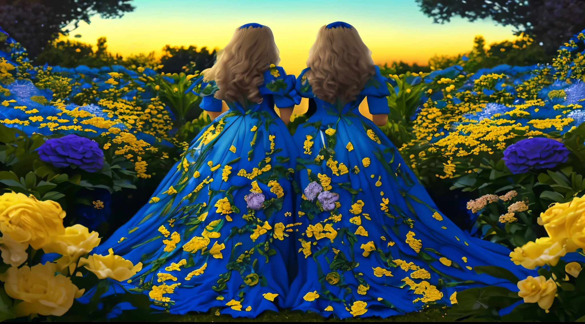 Gemini twins, faces hidden, medium wide shot, elegant gown, arms folded and hidden, flower garden during dusk background scene, ultra detailed gown features, symmetrical details, 48K clothing details, focus on gown, ((yellow, cream, and blue colors on gown)), hands hidden, arms hidden from view, hyperrealism, long hair, seen from behind, face hidden, side profile faces hidden,