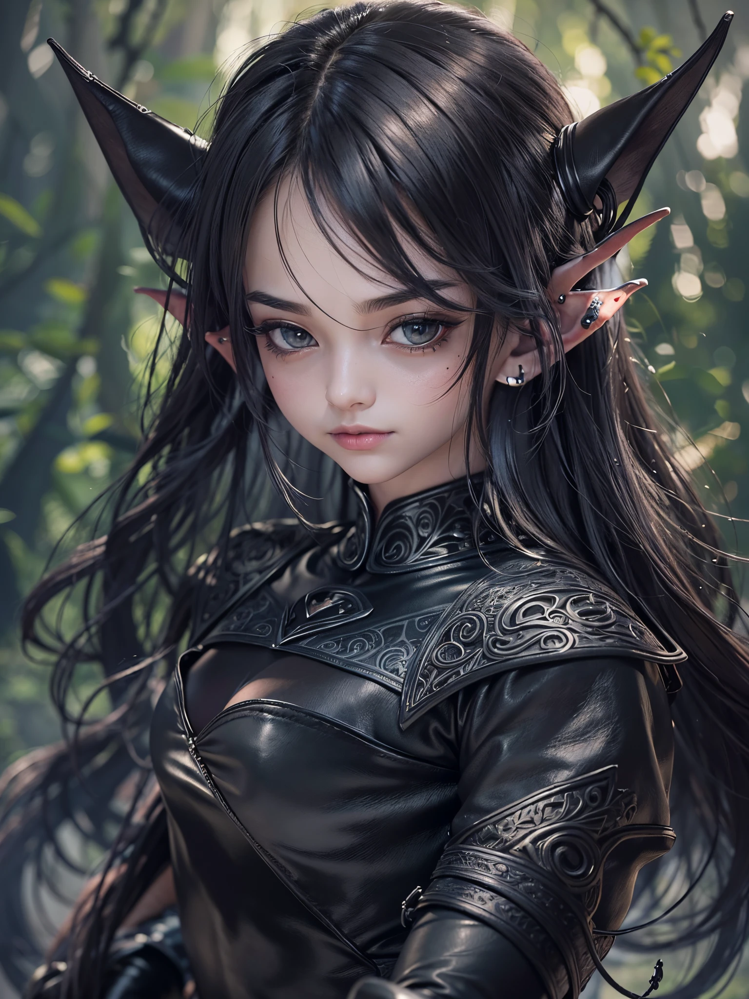 ((Finest quality)),(超A high resolution),(ultra-detailliert),(Meticulous portrayal),((Best Anime)),(Finest works of art),(Ultra-Precision Art),(The art of astounding depiction,Overwhelming depiction:1.5),(intricate and detailed art:1.6), (1 female dark elf:1.5),Beautiful and well-groomed face:1.7,(matte black leather leotard:1.6),small tits:1.8, Translucent spirits surrounding her:1.5