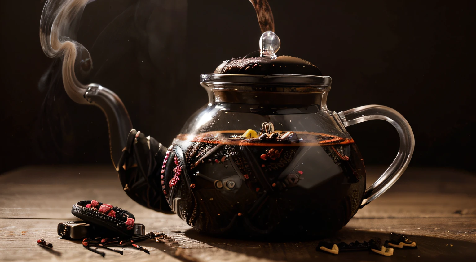 Imagem de (((Licorice tea))), being served in transparent cups by a teapot, showing some ingredients of what it is made of, I really want clarity with as much detail as possible in this image.