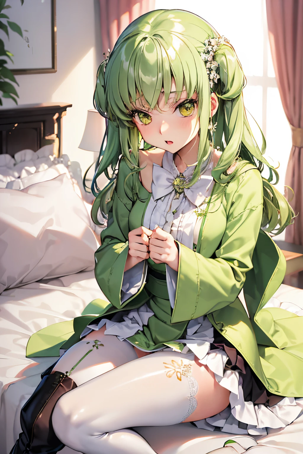 masutepiece, Best Quality, 1girl in, (C.C),Green head hair, (Green eye:1.2),((weddingdress))、((robe blanche))、length hair、((embarassed expression))、((Bedroom))、((boots))、((a miniskirt))、((pantyhose))、