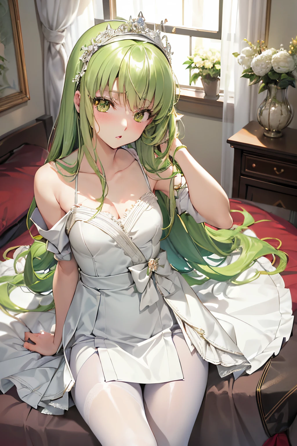 masutepiece, Best Quality, 1girl in, (C.C),Green head hair, (Green eye:1.2),((weddingdress))、((robe blanche))、length hair、((embarassed expression))、((Bedroom))、((boots))、((a miniskirt))、((pantyhose))、