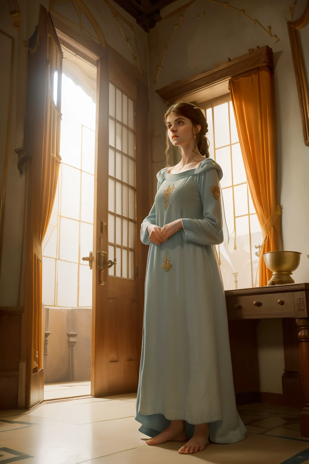 Sophia Lillis, thick body, braided ponytail, elven room, fantasy picture, white toga