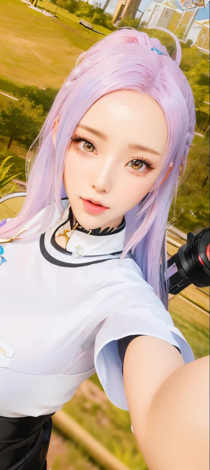 a close up of a person with a camera and a cell phone, <mmorpgs scene, korean mmo, from the azur lane videogame, korean mmorpg, kanliu666, trending at cgstation, ahegao face, live2d virtual youtuber model, pink twintail hair and cyan eyes, belle delphine